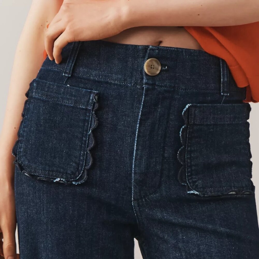 Anthropologie Maeve 24 The Colette Scallop-Pocket Crop Wide-Leg Jeans Dark New - Picture 3 of 7